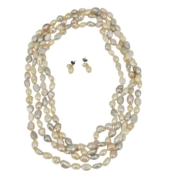 Freshwater Keshi Pearl Extra Long Necklace 80" Single Strand with earrings - Picture 1 of 7